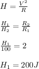 H=\frac{V^2}{R}\\\\\frac{H_1}{H_2}=\frac{R_2}{R_1}\\\\\frac{H_1}{100}=2\\\\H_1=200 J