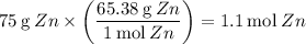 75\:\text g\:Zn \times \left(\dfrac{65.38\:\text g\:Zn}{1\:\text{mol}\:Zn}\right)=1.1\:\text{mol}\:Zn