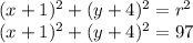 (x+1)^2+(y+4)^2=r^2\\(x+1)^2+(y+4)^2=97