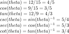 sin(theta) = 12/15 = 4/5\\cos(theta) = 9/15 = 3/5\\tan(theta) = 12/9 = 4/3\\csc(theta) = sin(theta)^{-1}  = 5/4\\sec(theta) = cos(theta)^{-1} = 5/3\\cot(theta) = tan(theta)^{-1} = 3/4
