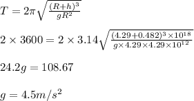 T = 2\pi\sqrt\frac{(R+h)^3}{gR^2}\\\\2\times 3600 =  2\times3.14\sqrt\frac{(4.29+0.482)^3\times10^{18}}{g\times 4.29\times 4.29\times 10^{12} }\\\\24.2 g =108.67\\\\g = 4.5 m/s^2