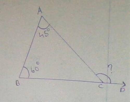 Draw scalene triangle ABC and extend side BC to the right of vertex C.

1. If angle A measures 45 de