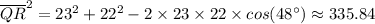 \overline{QR}^2 = 23^2 + 22^2 - 2 \times 23  \times 22\times cos(48^{\circ}) \approx 335.84
