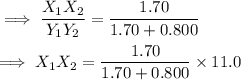 \implies \dfrac{X_1X_2}{Y_1Y_2} = \dfrac{1.70}{1.70+0.800} \\ \\ \implies X_1X_2=\dfrac{1.70}{1.70+0.800}\times 11.0