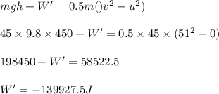m g h + W' = 0.5 m ()v^2 - u^2)\\\\45\times 9.8\times 450 + W' = 0.5\times 45\times (51^2 - 0)\\\\198450 + W' = 58522.5\\\\W'  = - 139927.5 J