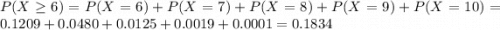 P(X \geq 6) = P(X = 6) + P(X = 7) + P(X = 8) + P(X = 9) + P(X = 10) = 0.1209 + 0.0480 + 0.0125 + 0.0019 + 0.0001 = 0.1834