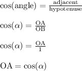 \cos(\text{angle}) = \frac{\text{adjacent}}{\text{hypotenuse}}\\\\\cos(\alpha) = \frac{\text{OA}}{\text{OB}}\\\\\cos(\alpha) = \frac{\text{OA}}{1}\\\\\text{OA} = \cos(\alpha)\\\\