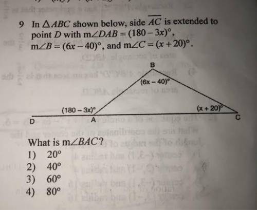 In a ABC shown below, side AC is extended to point D with m Z DAB= (180 – 3x) °, mZ B= (6x – 40) °,