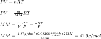 PV=nRT\\\\PV=\frac{m}{MM}RT \\\\MM=\frac{m}{V}\frac{RT}{P}=\frac{dRT}{P}\\\\MM=\frac{1.87g/dm^3*0.08206\frac{atm*L}{mol*K}*273K}{1atm}=41.9g/mol