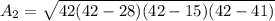 A_2=\sqrt{42(42-28)(42-15)(42-41)}