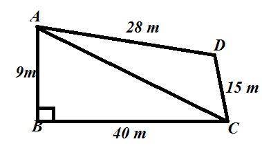 A park, in the shape of a quadrilateral ABCD has angle B=900 , AB=9m, BC=40m, CD=15m, DA=28m. How mu