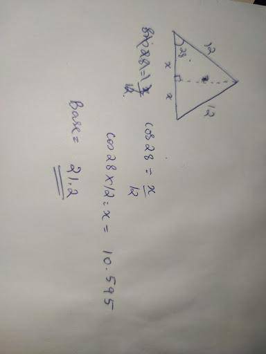 An isosceles triangle has legs of length 12 and base angles that measure 28°. What is the measure of