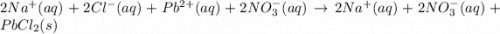 2Na^{+}(aq)+2Cl^{-}(aq)+Pb^{2+}(aq)+2NO_3^{-}(aq)\rightarrow 2Na^+(aq)+2NO_3^-(aq)+PbCl_2(s)