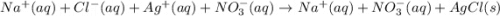 Na^{+}(aq)+Cl^{-}(aq)+Ag^{+}(aq)+NO_3^{-}(aq)\rightarrow Na^+(aq)+NO_3^-(aq)+AgCl(s)