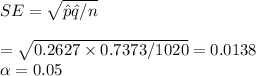 SE = \sqrt{\hat{p}\hat{q}/n}\\\\=\sqrt{0.2627\times 0.7373/1020}=0.0138\\\alpha = 0.05