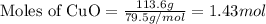 \text{Moles of CuO}=\frac{113.6g}{79.5g/mol}=1.43 mol
