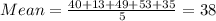 Mean = \frac{40 + 13 + 49 + 53 + 35}{5} = 38