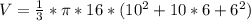 V = \frac{1}{3} *\pi * 16 * (10^2 + 10*6 + 6^2)