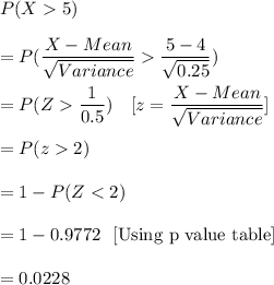 P(X5)\\\\=P(\dfrac{X-Mean}{\sqrt{Variance}}\dfrac{5-4}{\sqrt{0.25}})\\\\=P(Z\dfrac{1}{0.5})  \ \ \ [z=\dfrac{X-Mean}{\sqrt{Variance}}]\\\\=P(z2)\\\\=1-P(Z