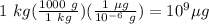 1\ kg(\frac{1000\ g}{1\ kg})(\frac{1\ \mu g}{10^{-6}\ g}) = 10^9 \mu g