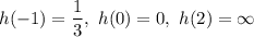 h(-1) = \dfrac{1}{3}, \  h(0) =0, \  h(2) =  \infty