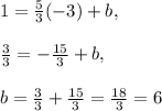 1=\frac{5}{3}(-3)+b, \\\\\frac{3}{3}=-\frac{15}{3}+b,\\\\b=\frac{3}{3}+\frac{15}{3}=\frac{18}{3}=6