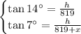 \begin{cases}\tan 14^{\circ}=\frac{h}{819}\\\tan 7^{\circ}=\frac{h}{819+x}\end{cases}