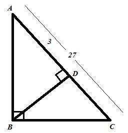 Given right triangle ABC= with altitude BD drawn to hypotenuse AC. If AD=3 and, AC=27, what is the l