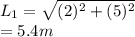 L_{1} = \sqrt{(2)^{2} + (5)^{2}}\\= 5.4 m
