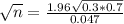 \sqrt{n} = \frac{1.96\sqrt{0.3*0.7}}{0.047}