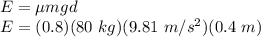 E = \mu mgd\\E = (0.8)(80\ kg)(9.81\ m/s^2)(0.4\ m)