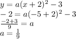y=a(x+2)^{2} -3\\-2=a(-5+2)^{2} -3\\\frac{-2+3}{9} =a\\a=\frac{1}{9} \\