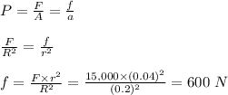P = \frac{F}{A} = \frac{f}{a} \\\\\frac{F}{R^2} = \frac{f}{r^2} \\\\f = \frac{F\times r^2}{R^2} = \frac{15,000 \times (0.04)^2}{(0.2)^2} = 600 \ N