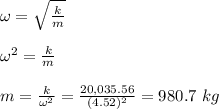 \omega = \sqrt{\frac{k}{m} } \\\\\omega^2 = \frac{k}{m} \\\\m = \frac{k}{\omega^2} = \frac{20,035.56}{(4.52)^2} = 980.7 \ kg