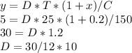 y = D*T*(1+x)/C\\5 = D*25*(1+0.2)/150\\30 = D*1.2\\D = 30/12*10