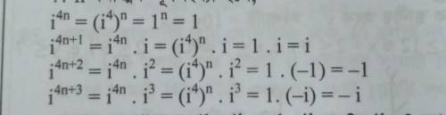 Complete the list: (i^1) = I, (i^2)=-1, (1^3) = -I,(i^4) = ?
Show work