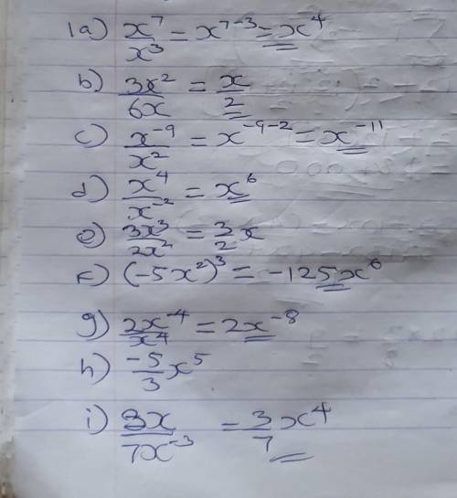 1. Simplify the following monomials

(a) (x)^7 / (x)^3 (b) (3 x^2) / 6(x) © (x)^-9 / ( x)^2
(d) ( x