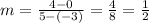 m=\frac{4-0}{5-(-3)}=\frac{4}{8}=\frac{1}{2}