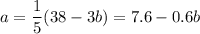 \displaystyle a=\frac{1}{5}(38-3b)=7.6-0.6b