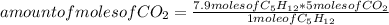 amount of moles of CO_{2} =\frac{7.9 moles of C_{5}H_{12}*5 moles of CO_{2}  }{1 mole of C_{5}H_{12} }