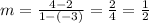 m =  \frac{4 - 2}{1 - ( - 3)}  =  \frac{2}{4} =  \frac{1}{2}