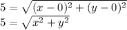 5 = \sqrt{(x - 0)^2 + (y - 0)^2} \\5 = \sqrt{x^2 + y^2}