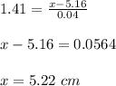 1.41=\frac{x-5.16}{0.04} \\\\x-5.16=0.0564\\\\x=5.22\ cm