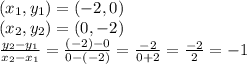 (x_{1}, y_{1}) = (-2, 0)\\(x_{2}, y_{2}) = (0, -2)\\ \frac{y_{2}-y_{1} }{x_{2}-x_{1}} =\frac{(-2)-0}{0-(-2)} =\frac{-2}{0+2} =\frac{-2}{2} =-1