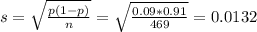 s = \sqrt{\frac{p(1-p)}{n}} = \sqrt{\frac{0.09*0.91}{469}} = 0.0132