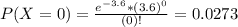 P(X = 0) = \frac{e^{-3.6}*(3.6)^{0}}{(0)!} = 0.0273