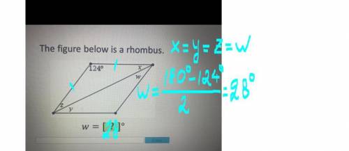The figure below is a rhombus.
w = [? ]°