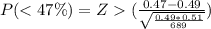 P((\frac{0.47-0.49}{\sqrt{\frac{0.49*0.51}{689}}})