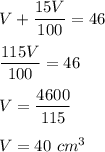 V+\dfrac{15V}{100}=46\\\\\dfrac{115V}{100}=46\\\\V=\dfrac{4600}{115}\\\\V=40\ cm^3
