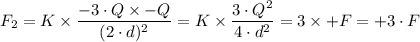 F_2=K \times \dfrac{-3 \cdot Q \times -Q}{(2\cdot d)^{2}} = K \times \dfrac{3 \cdot Q^2}{4 \cdot d^2} = 3 \times +F = +3\cdot F
